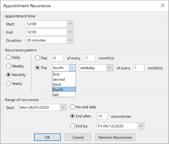 Outlook 2016 Appointment Recurrence